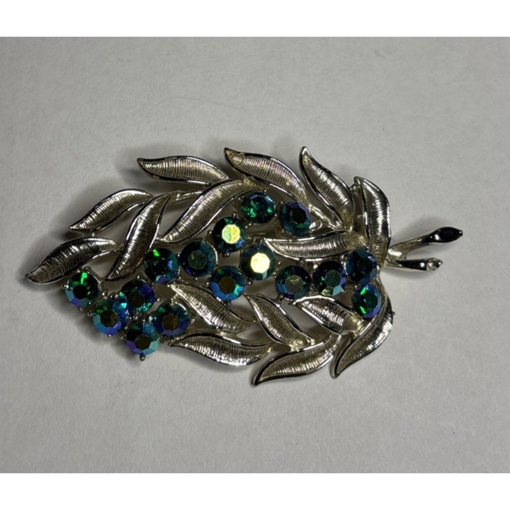 Vintage Coro Blue Green AB Rhinestone Silver Tone Leaf Spray Brooch Pin 2-1/2"